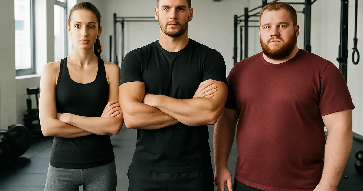 Three people with different body types standing in a gym representing ectomorph, mesomorph, and endomorph builds
