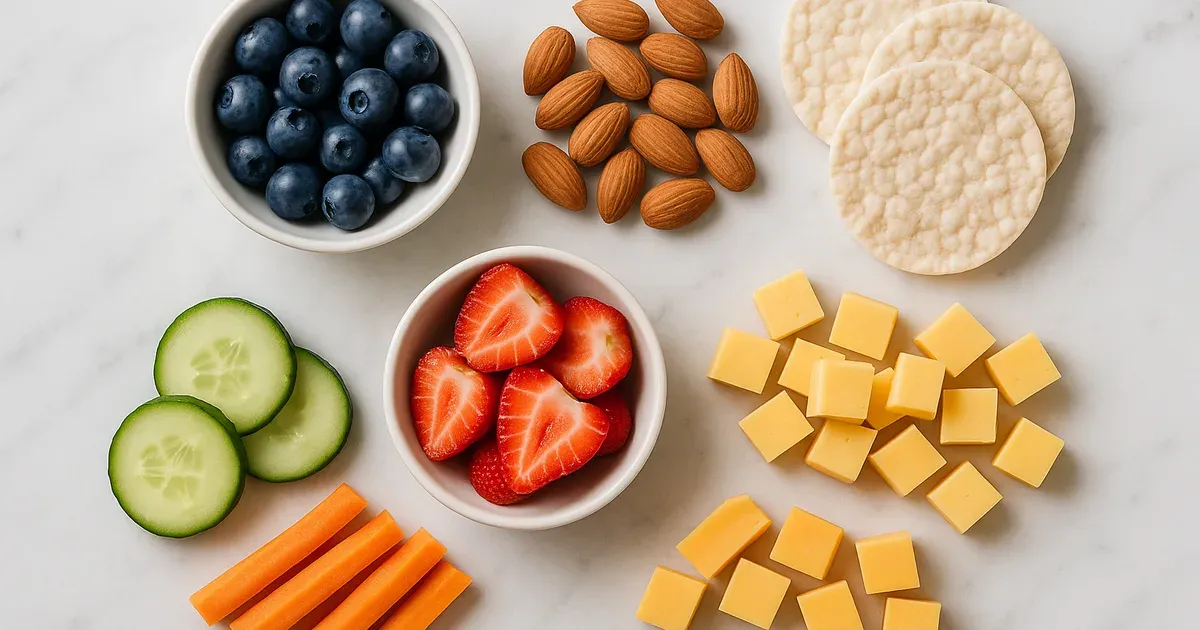 Flat-lay of low FODMAP snacks including blueberries, almonds, rice crackers and vegetables on white marble