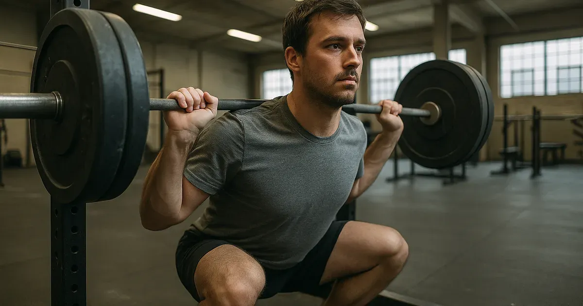 Man in his late 30s squatting with a barbell — building muscle after 35 in a real gym setting