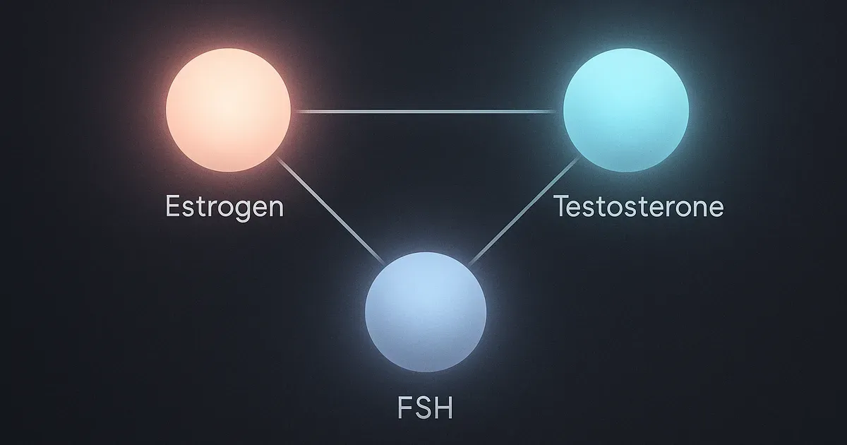 Diagram of estrone glucuronide, FSH, and testosterone pathways linked to cortisol during menopause