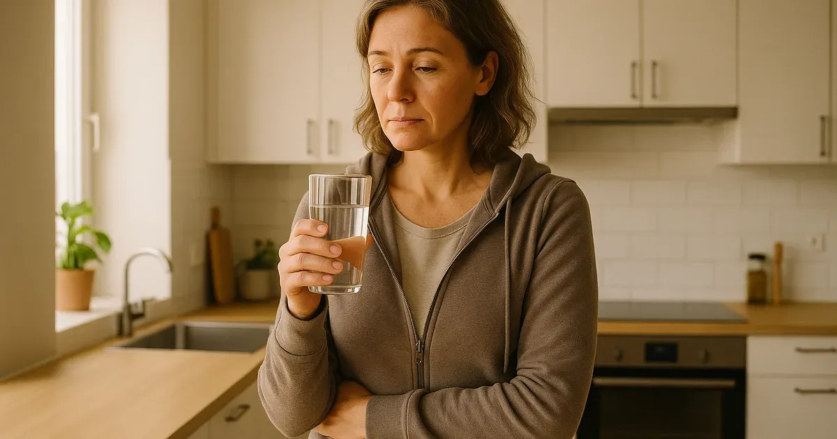 Woman over 40 in kitchen reflecting on cortisol and weight loss struggles in morning light
