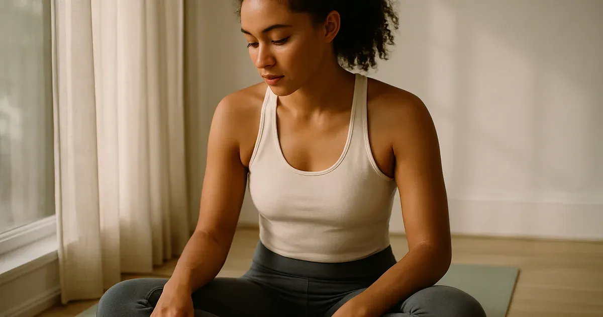 Woman journaling on yoga mat practicing cycle syncing workouts with natural morning light