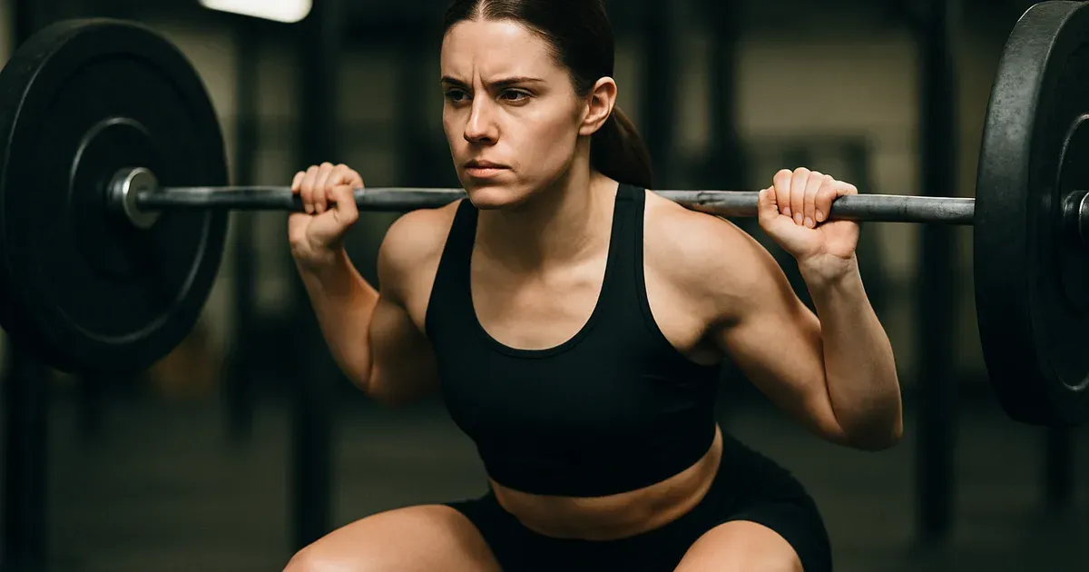 Woman performing barbell squat in gym during follicular phase cycle syncing workout