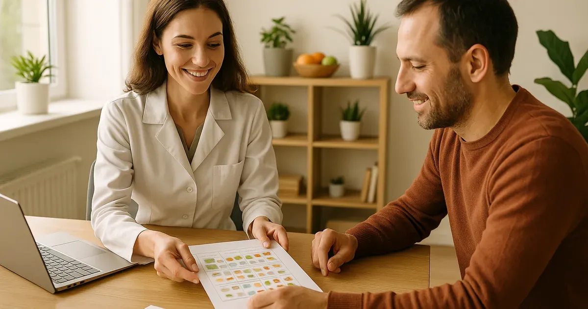Dietitian and client reviewing a personalised dietary counseling plan together at a wooden desk
