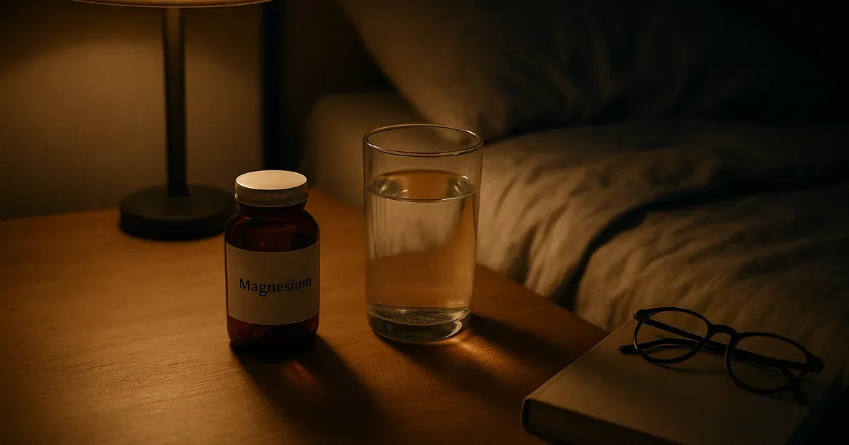 Magnesium supplement bottle on a nightstand beside a glass of water, representing magnesium sleep aid use