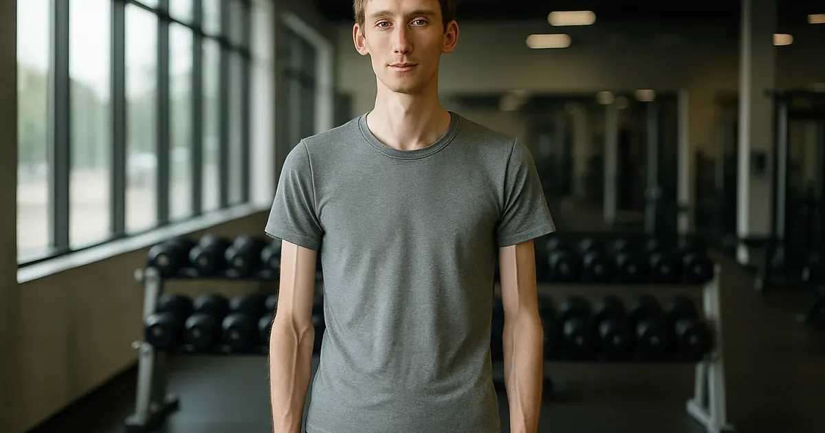 Lean man with ectomorph body type standing in a modern gym with natural lighting