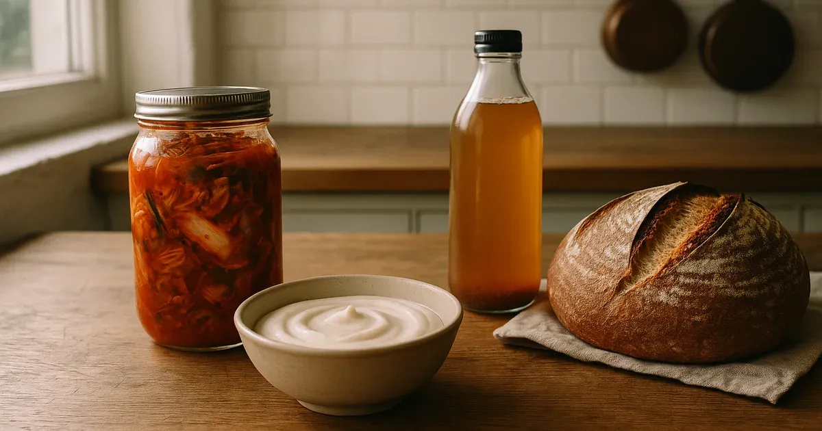Assortment of fermented foods including kimchi, yogurt, kombucha, and sourdough supporting gut health