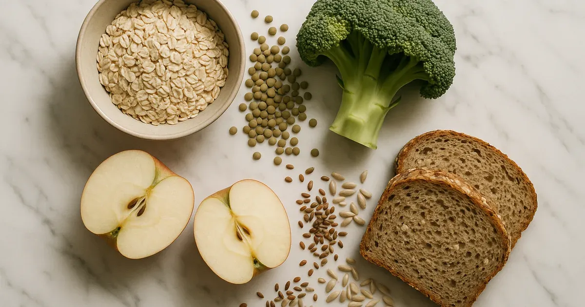 High-fiber foods including oats, lentils, broccoli and apples laid out flat on a marble surface for fiber macros guide