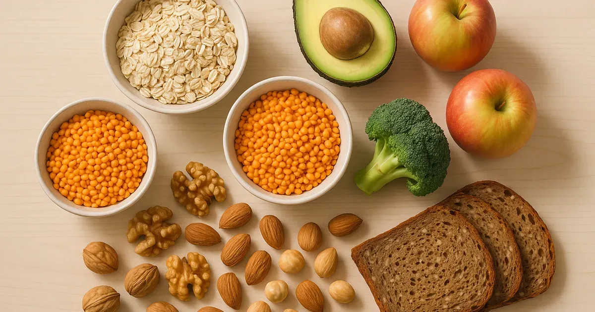 High-fiber foods including oats, lentils, avocado and broccoli laid out flat — fiber macros nutrition guide