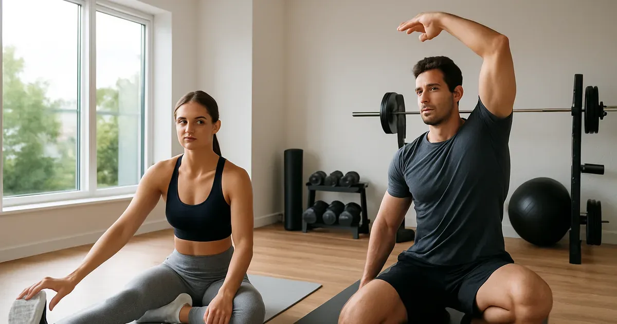 Man and woman in their 30s stretching in a home gym — fitness after 30 recovery routine