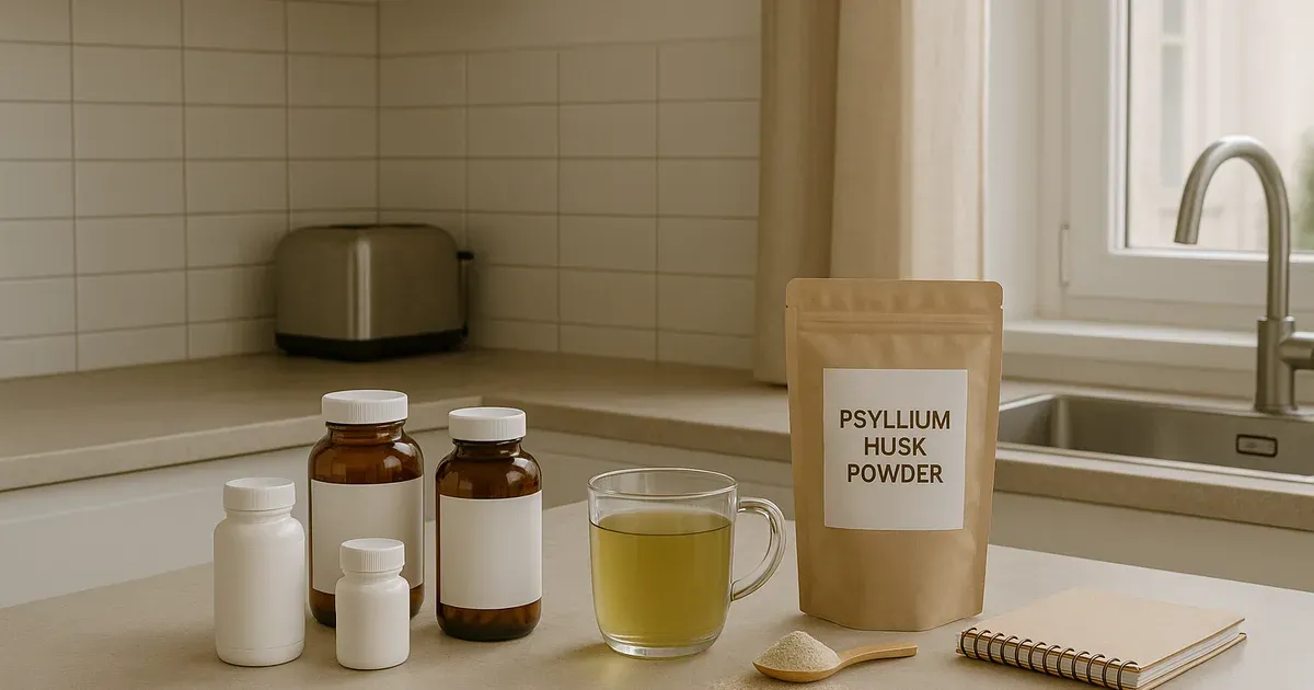 GLP-1 supplements including berberine and psyllium arranged on a kitchen counter in natural light