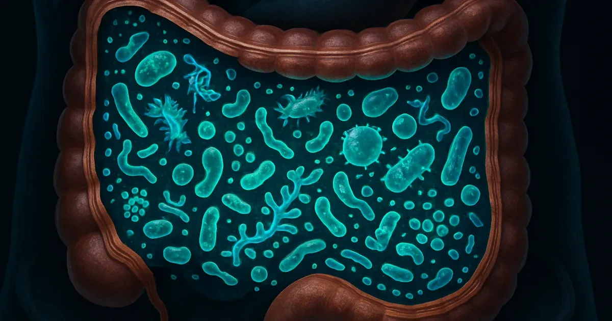 Digital illustration of a healthy gut microbiome ecosystem showing diverse bacteria, representing gut dysbiosis balance