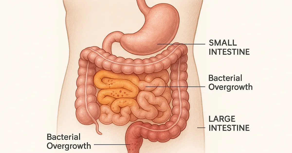 Medical illustration of the digestive system highlighting small intestinal bacterial overgrowth linked to gut dysbiosis