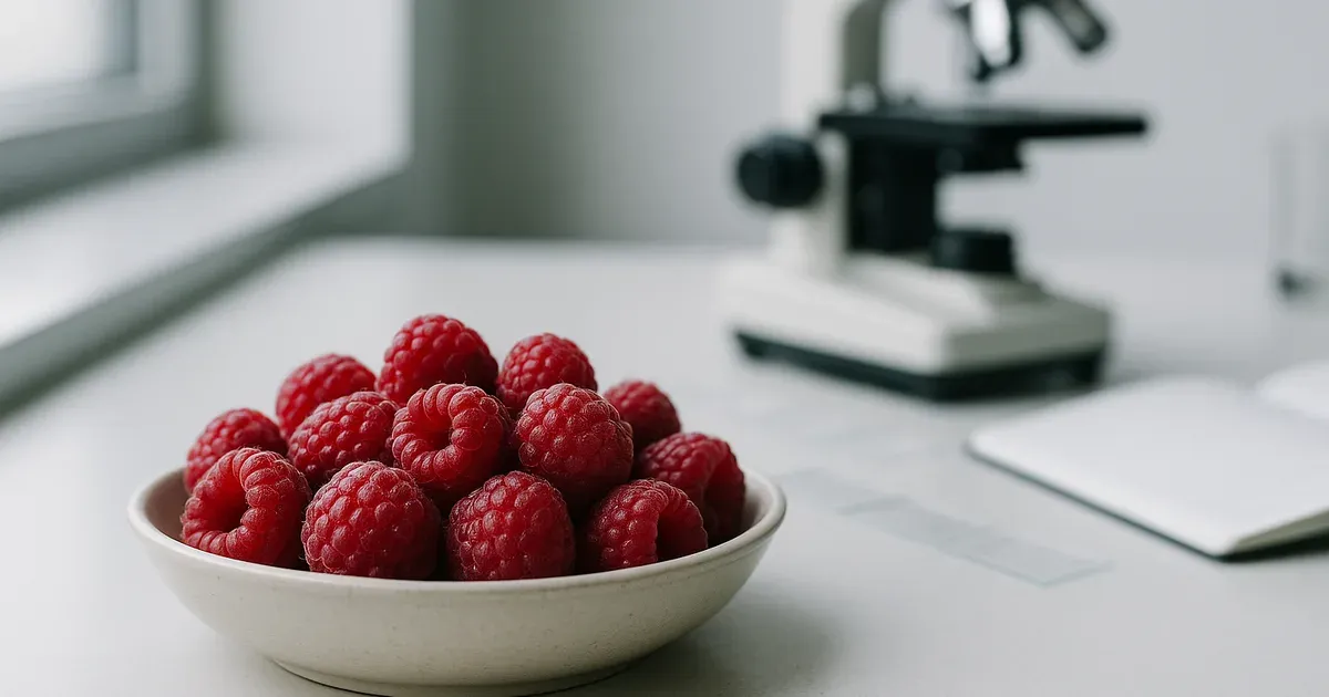 Fresh red raspberries on a lab bench illustrating gut microbiome and metabolic response research