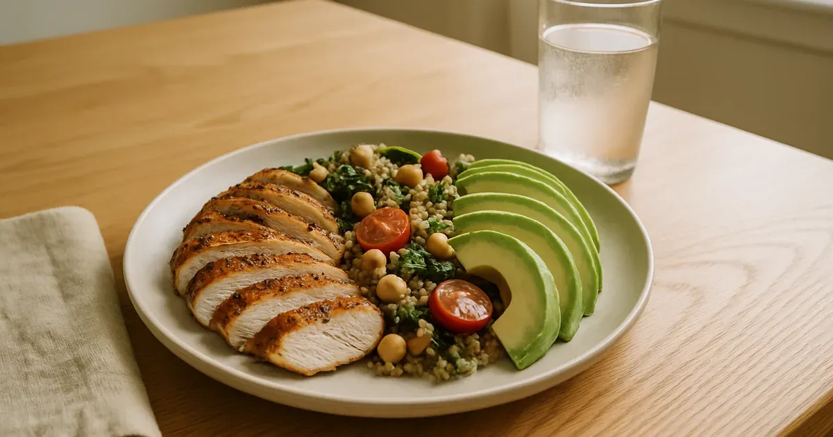 Balanced high-protein diet meal with fiber-rich foods including quinoa, spinach, chickpeas, and chicken breast