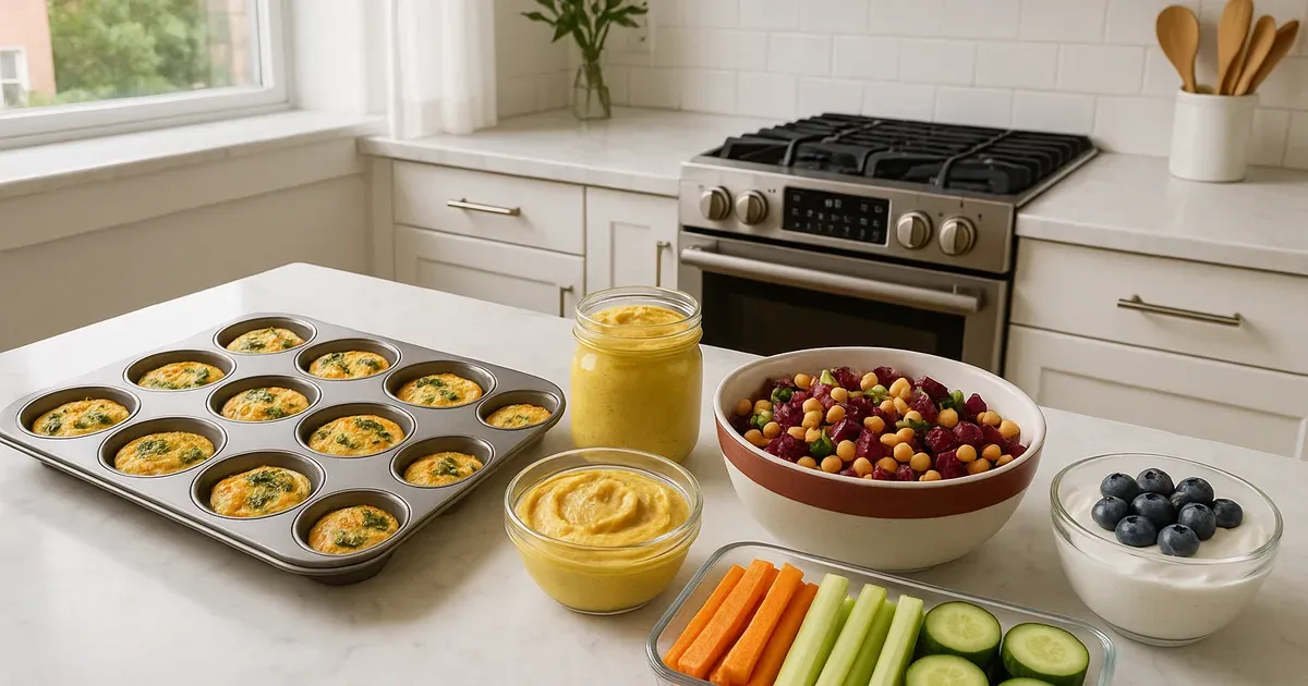 High-protein meal prep spread for an energy-boosting weekly meal plan including quiches, salads, and hummus