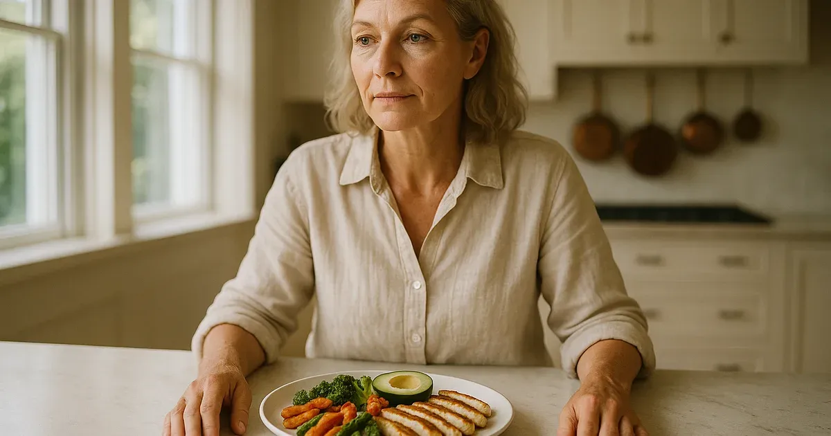Woman in her 50s preparing a healthy meal to help reduce menopausal belly fat