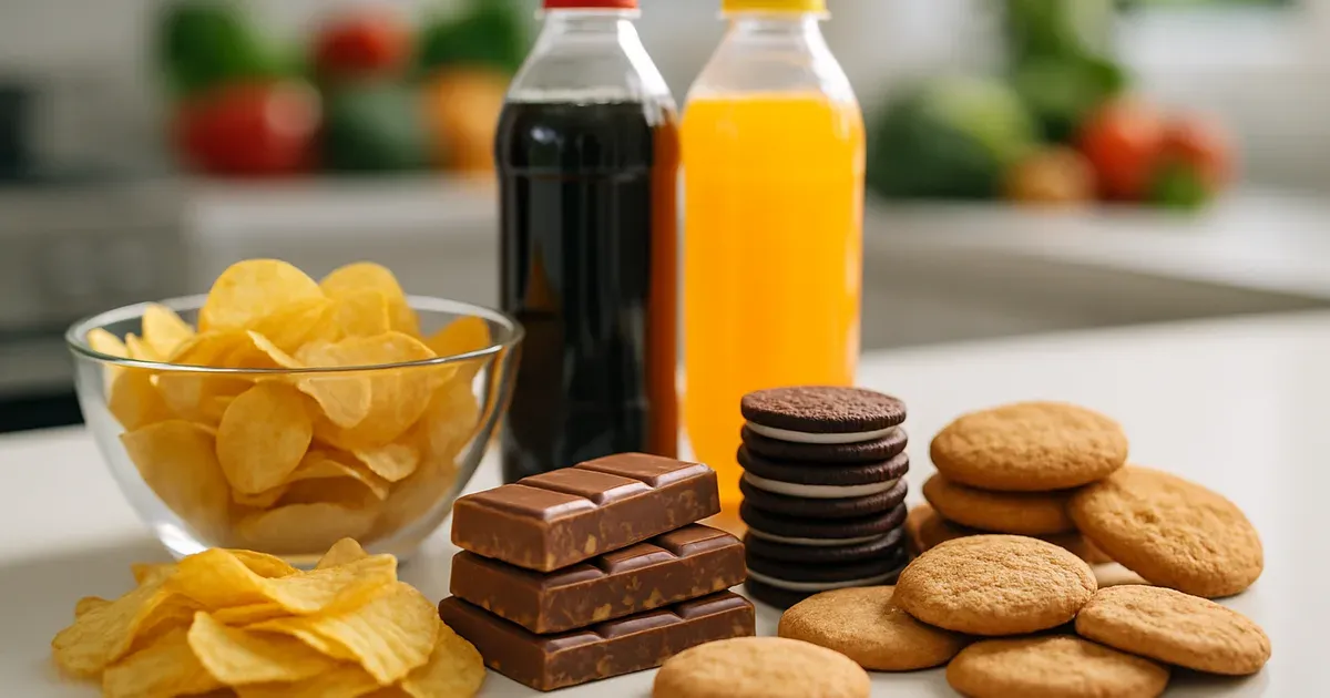 Array of junk food including chips, chocolate, and sugary drinks on a kitchen counter — tips to cut junk food