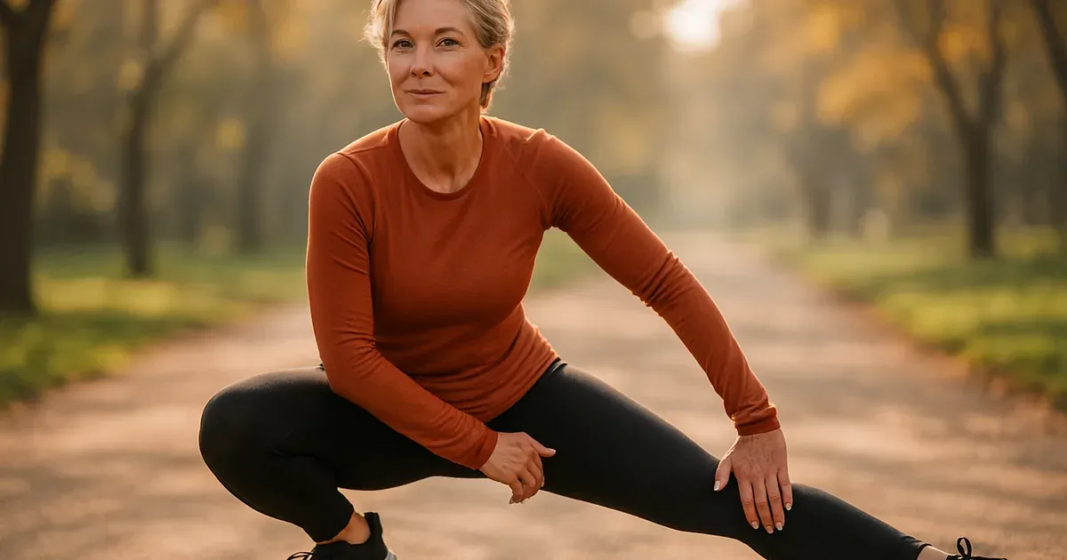 Woman in her 50s stretching outdoors as part of a weight loss routine after 50