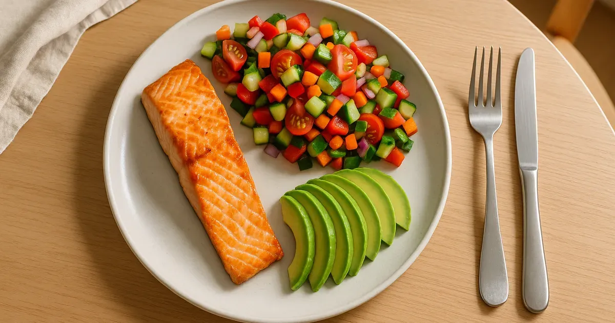 Balanced plate with salmon, vegetables and avocado showing how to lose weight with nutritious meals