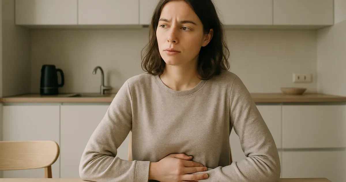 Woman holding her stomach experiencing stomach bloating at a kitchen table in natural light