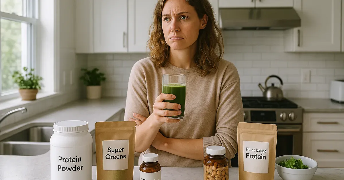 Woman in kitchen questioning boost metabolism myths surrounded by health supplements and foods