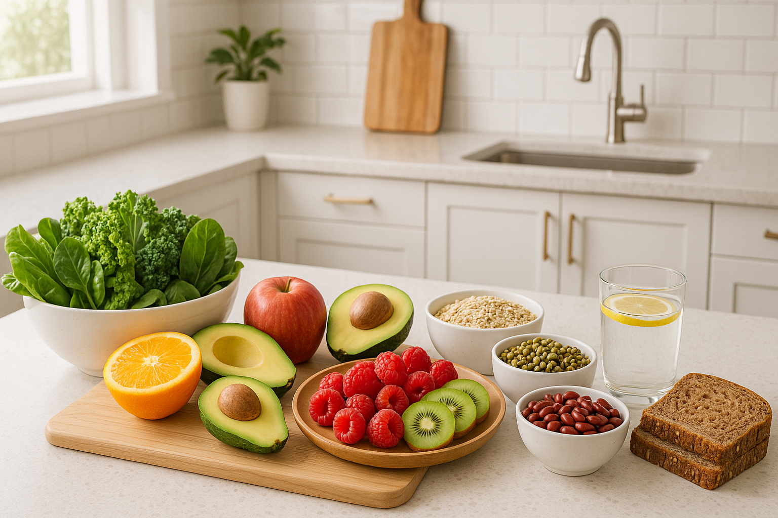 Colourful high-fiber foods on a kitchen counter to support smoother digestion naturally