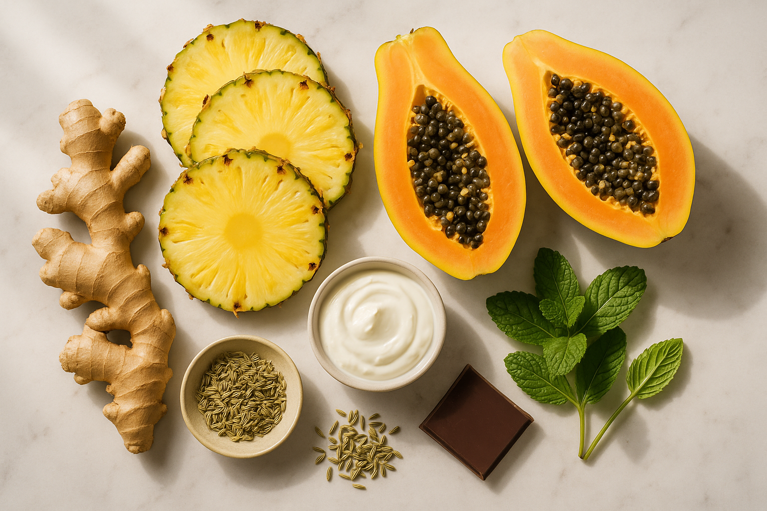 Flat-lay of foods that aid digestion including ginger, pineapple, papaya, yogurt, fennel seeds and mint on marble