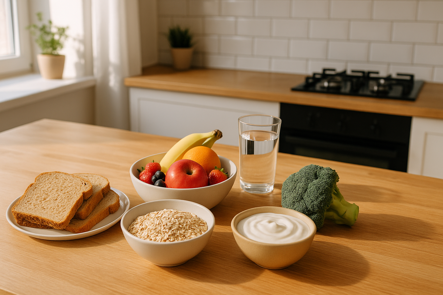 Gut-friendly foods including oats, fruit, vegetables, and yoghurt arranged on a kitchen counter to improve gut health.