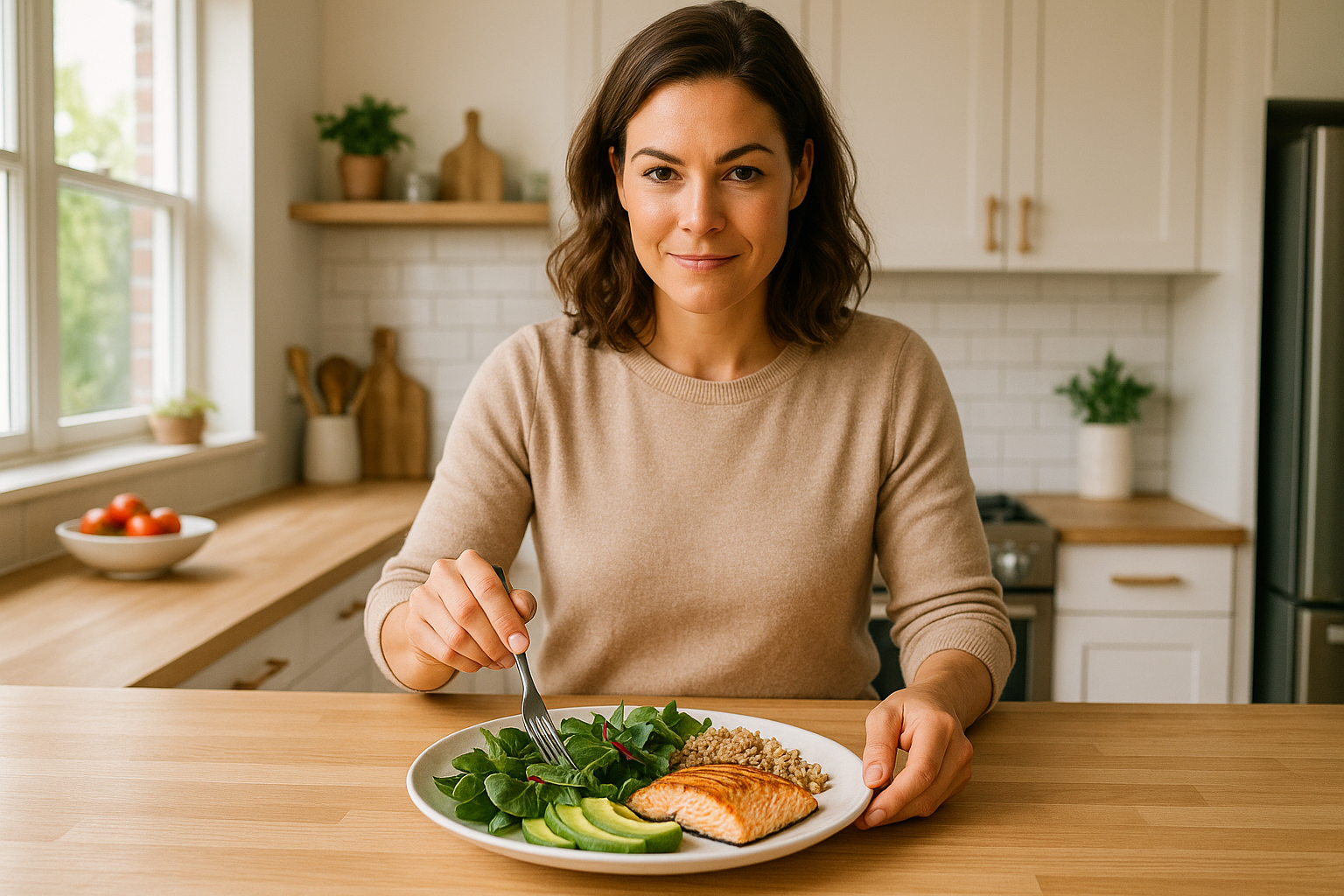 Woman preparing a balanced hormone-friendly meal to support weight loss for women's health
