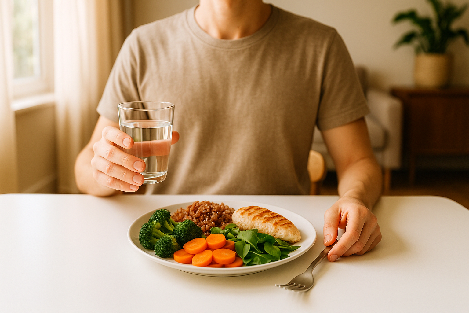 Person drinking water with a healthy meal to support digestion