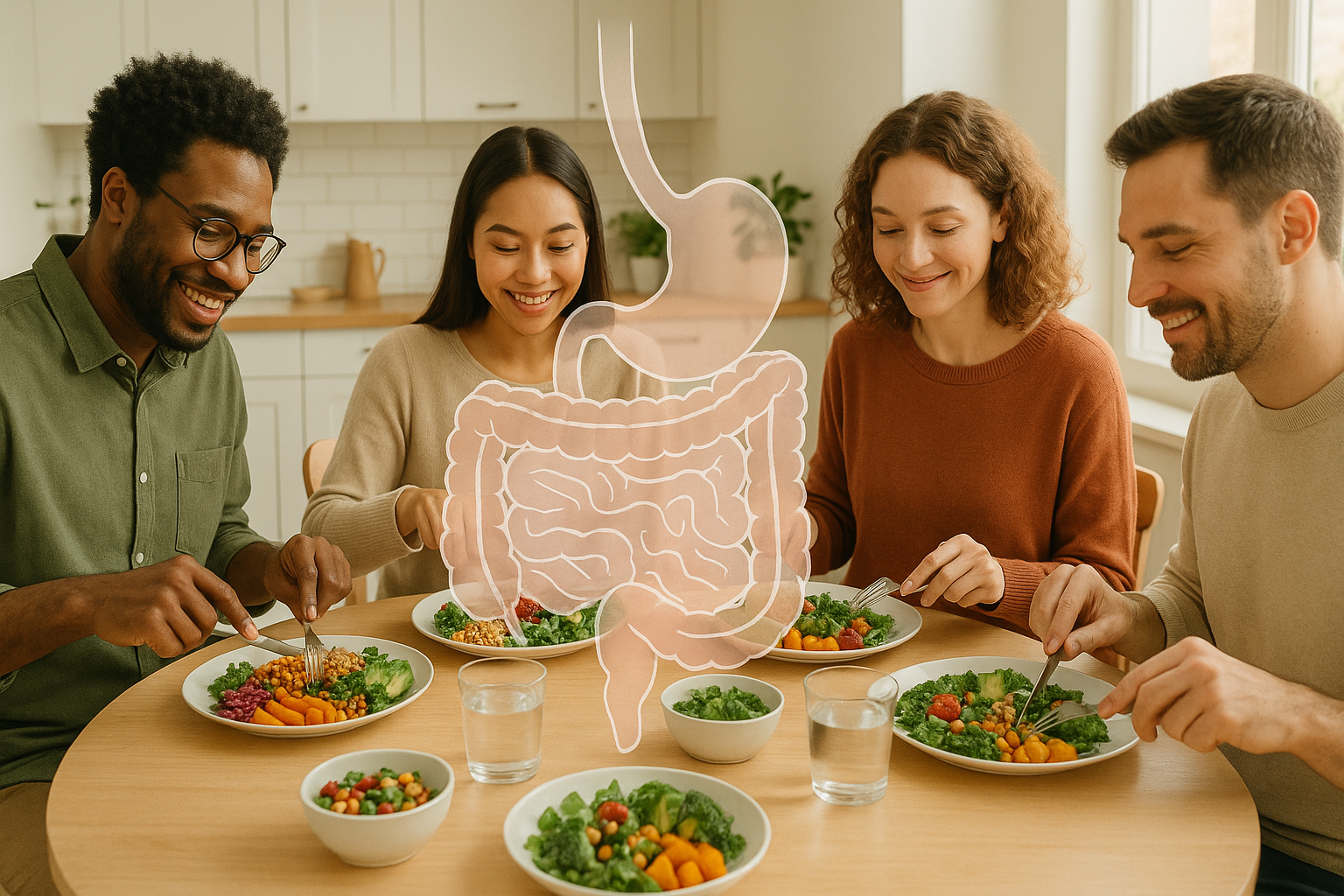 People eating a healthy diverse meal representing gut health and digestive wellness