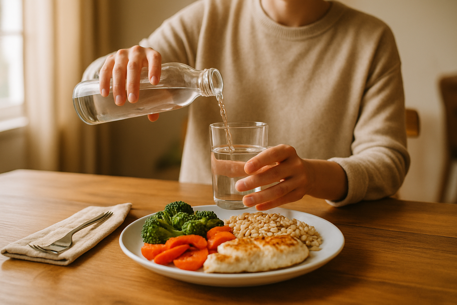 Person pouring water at a dinner table with a healthy meal — drinking water during meals digestion support