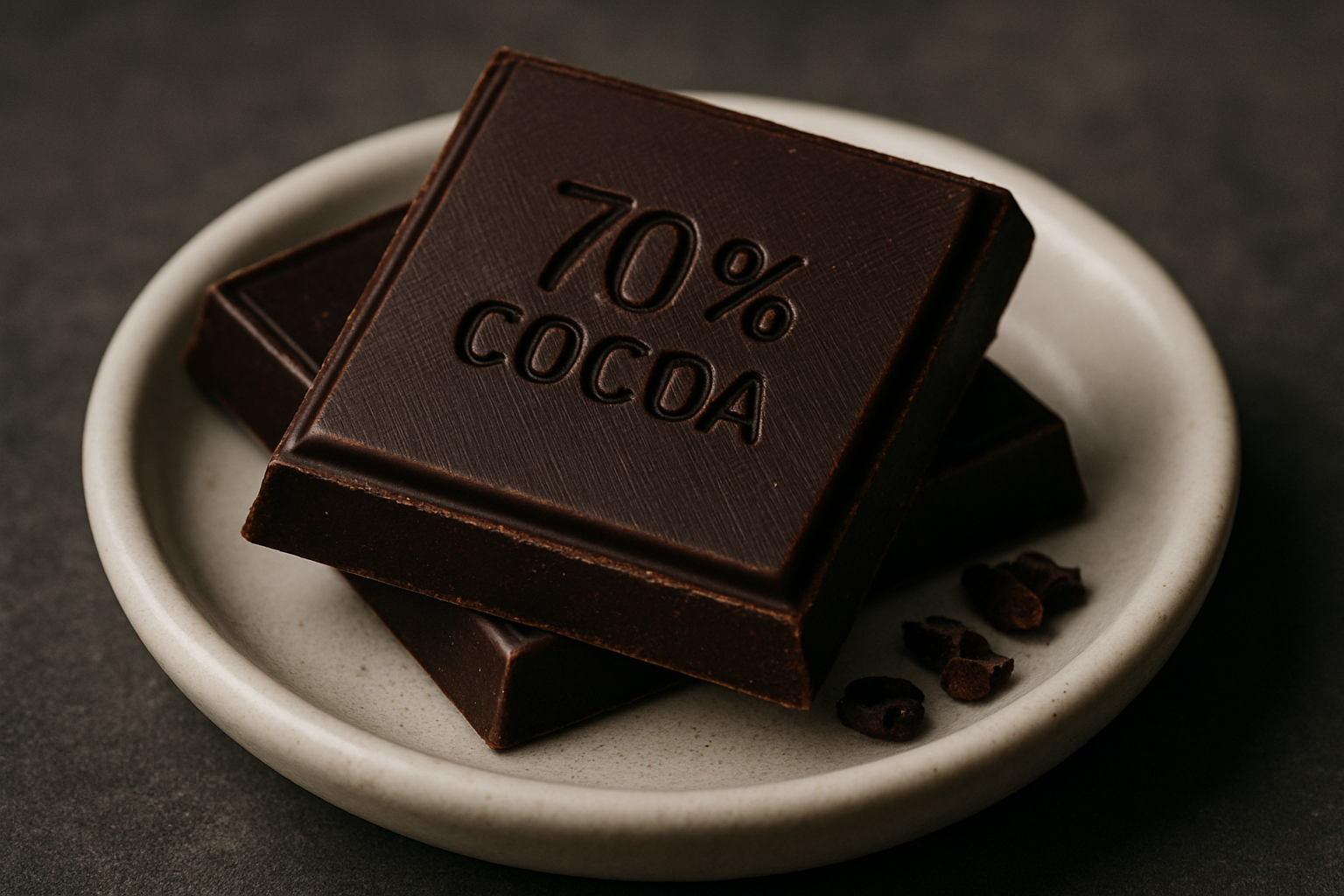Two squares of dark chocolate on a white dish — a surprising entry among foods that aid digestion