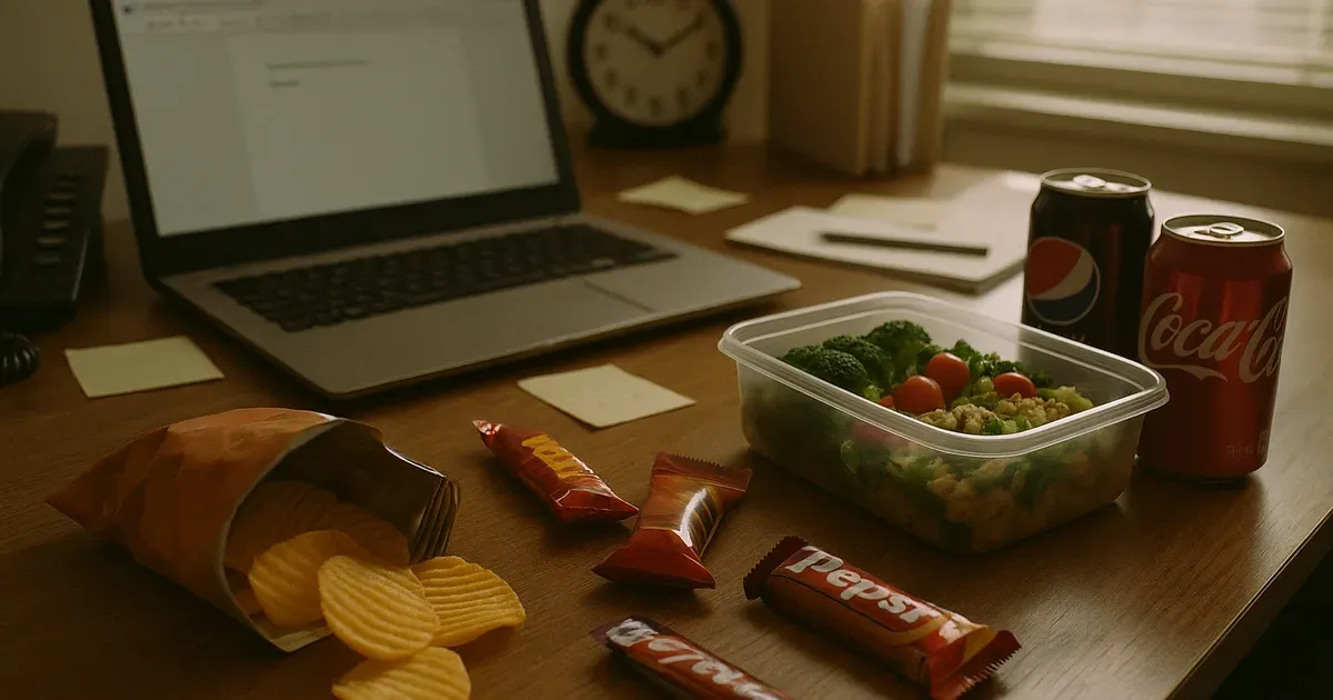 Office desk at 3pm with junk food snacks illustrating junk food addiction and afternoon cravings