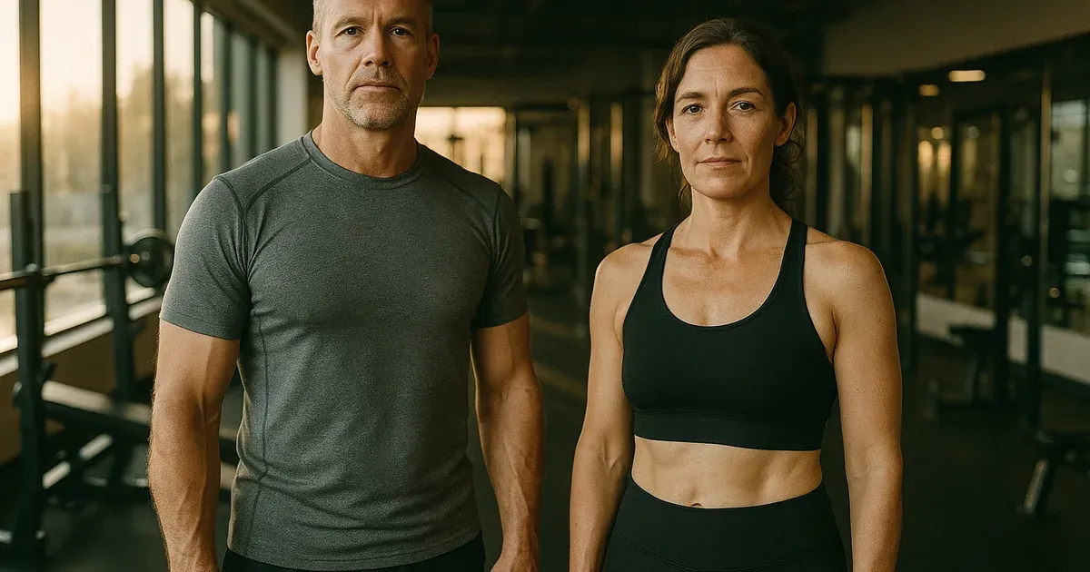 Man and woman over 40 in athletic wear at a gym, representing the challenge and possibility of losing weight after 40
