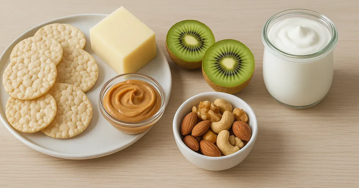 Selection of low FODMAP snacks including rice crackers, cheese, peanut butter, kiwi fruit, nuts, and yoghurt on a wooden board