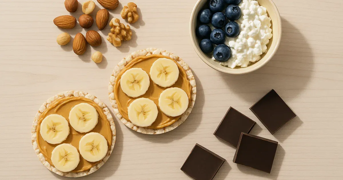 Flat-lay of low FODMAP snacks including rice cakes, blueberries, cottage cheese and peanut butter on a wooden board