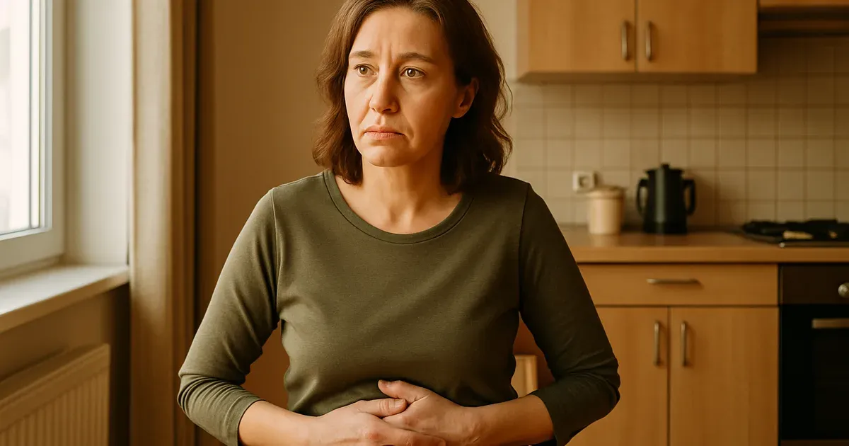 Perimenopausal woman experiencing digestive discomfort related to menopause digestive health changes