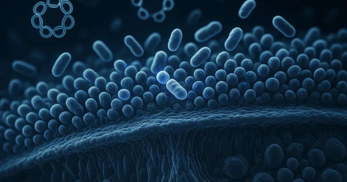 Stylised illustration of the estrobolome — gut bacteria interacting with oestrogen molecules in the gut lining