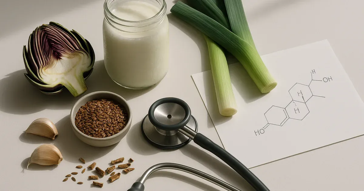 Gut health items and hormonal health tools representing the link between the gut microbiome and menopause-related disease risk