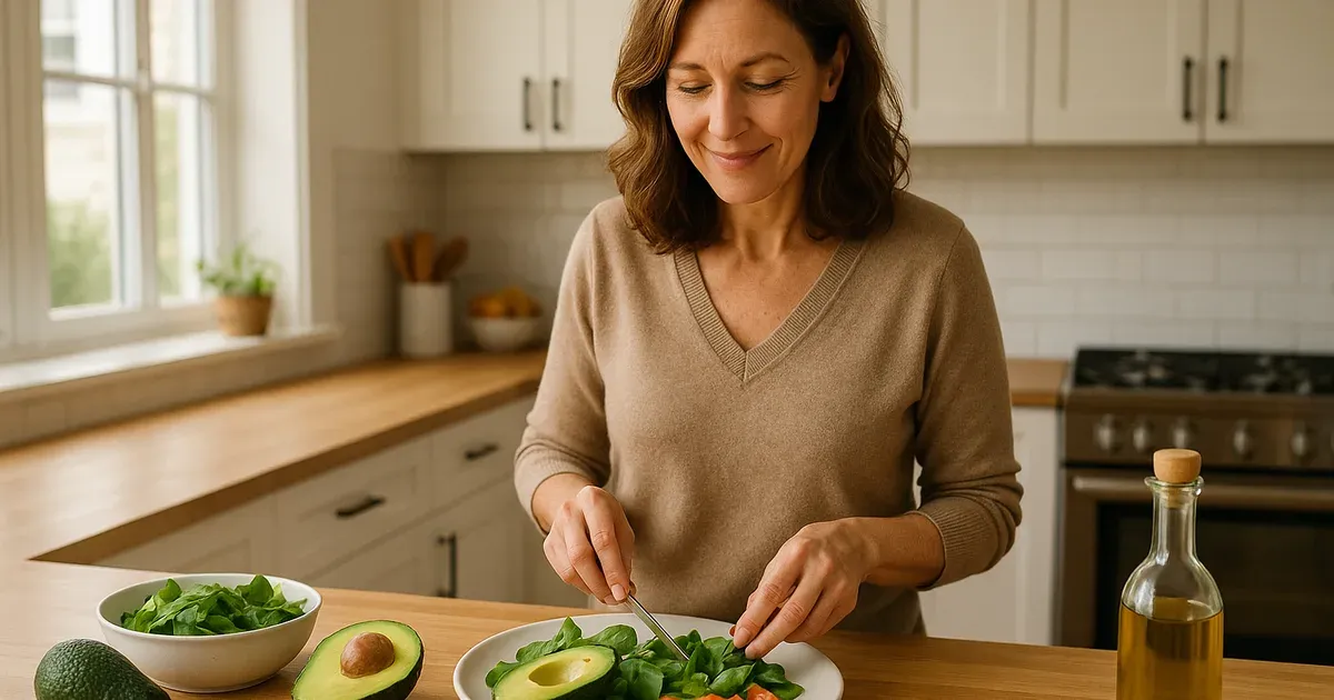 Woman in her 40s preparing a low-GI Mediterranean meal to help with menopause weight gain