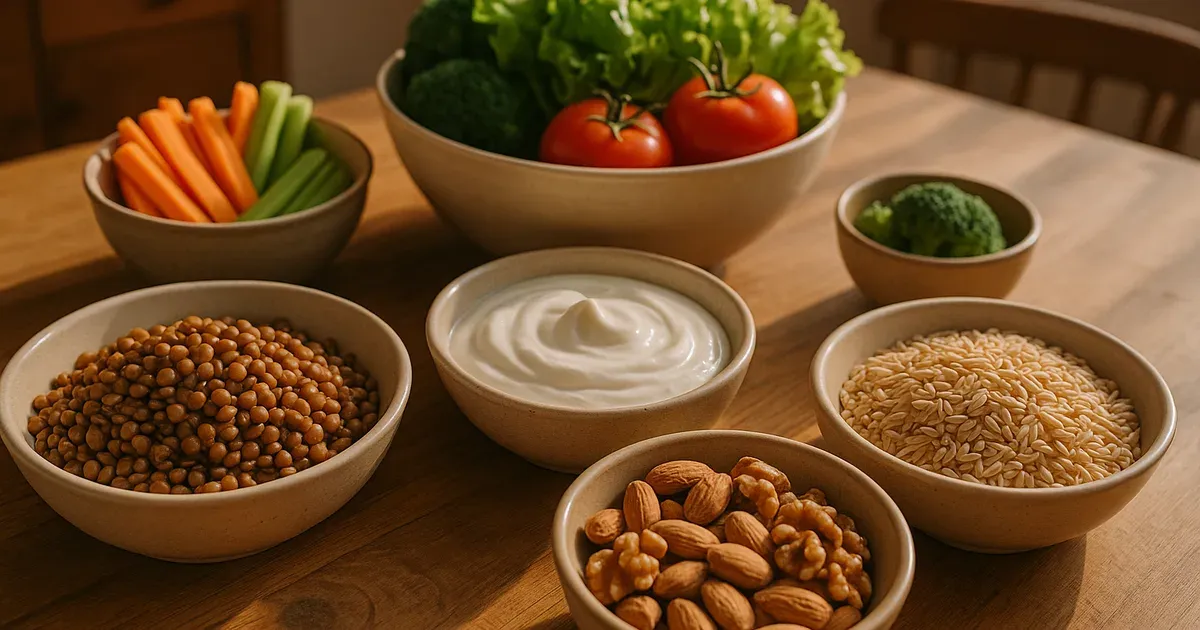 Nutritious whole-food meal supporting metabolism after 40 including lentils, vegetables, nuts and whole grains