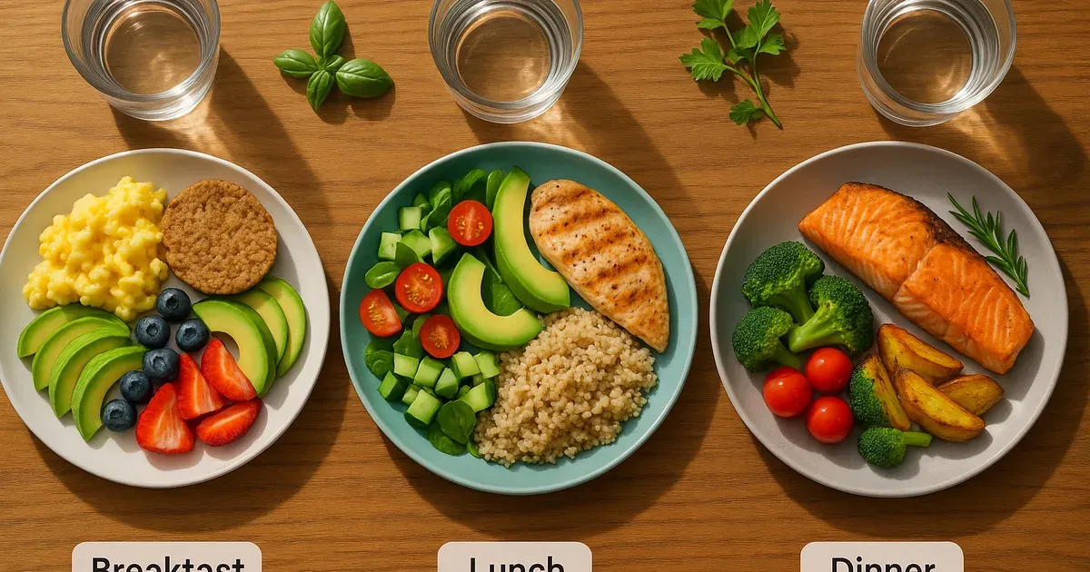 Three balanced portioned meals laid out on a wooden table showing healthy eating patterns for metabolism support