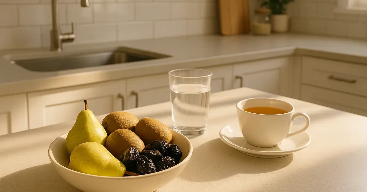 High-fiber fruits and herbal tea on a kitchen counter — natural ways to relieve constipation
