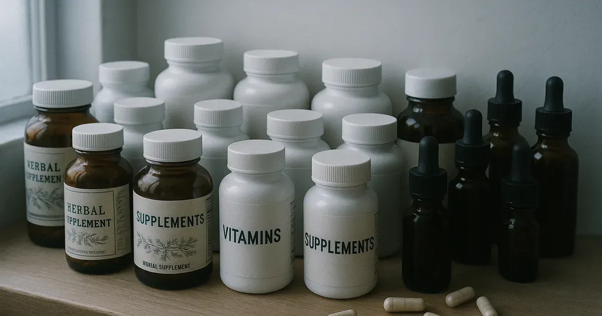 Herbal supplement bottles on a shelf representing unregulated parasite cleanses and gut health products
