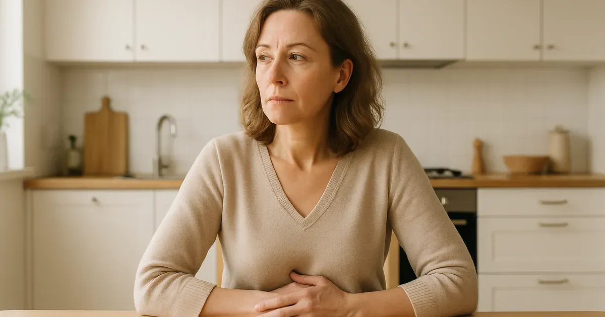 Woman in her 40s holding her abdomen, representing perimenopause and gut health discomfort