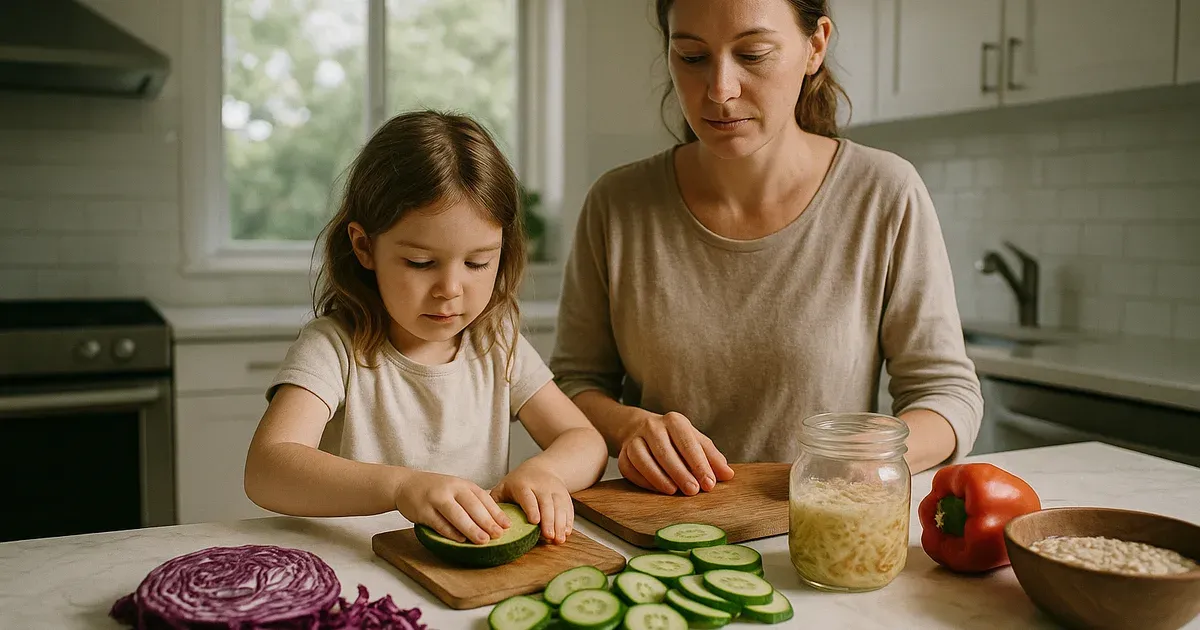 Parent and child preparing healthy foods to support child's gut health in a bright kitchen