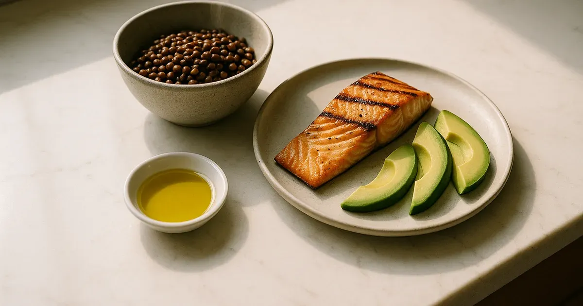 Balanced meal with salmon, lentils and avocado to increase GLP-1 naturally on a white kitchen counter