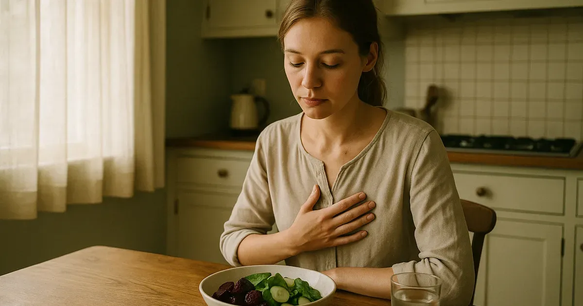 Woman sitting calmly at a kitchen table during weight loss after eating disorder recovery, hand on chest, bowl of food nearby